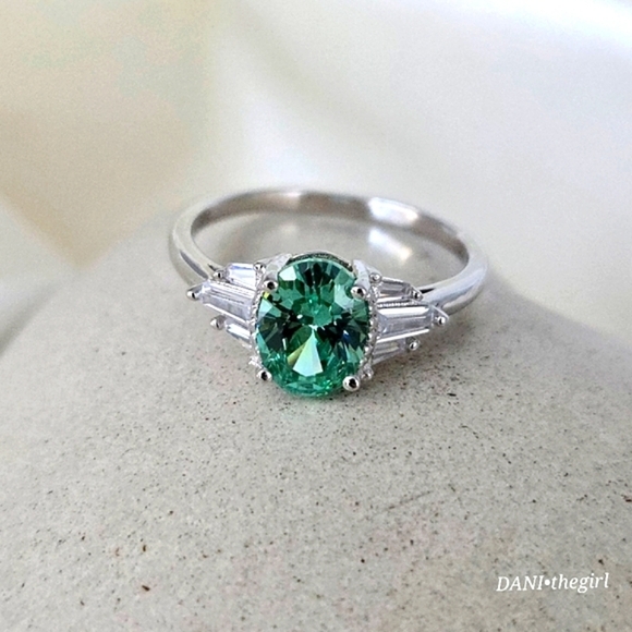 Sterling Silver White Gold Oval Mint Sapphire & Baguette CZ Diamond Side Stones - Picture 7 of 11